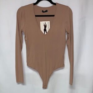 Naked Wardrobe Deep V-Neck Tan Bodysuit